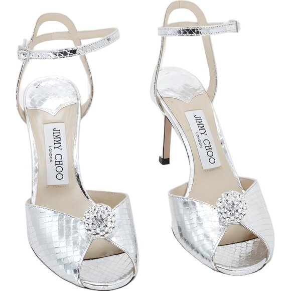 Jimmy Choo Sacora Silver Crystal Ball Ankle Strap Heels Peep Toe Women's US 6.5 - Picture 1 of 6